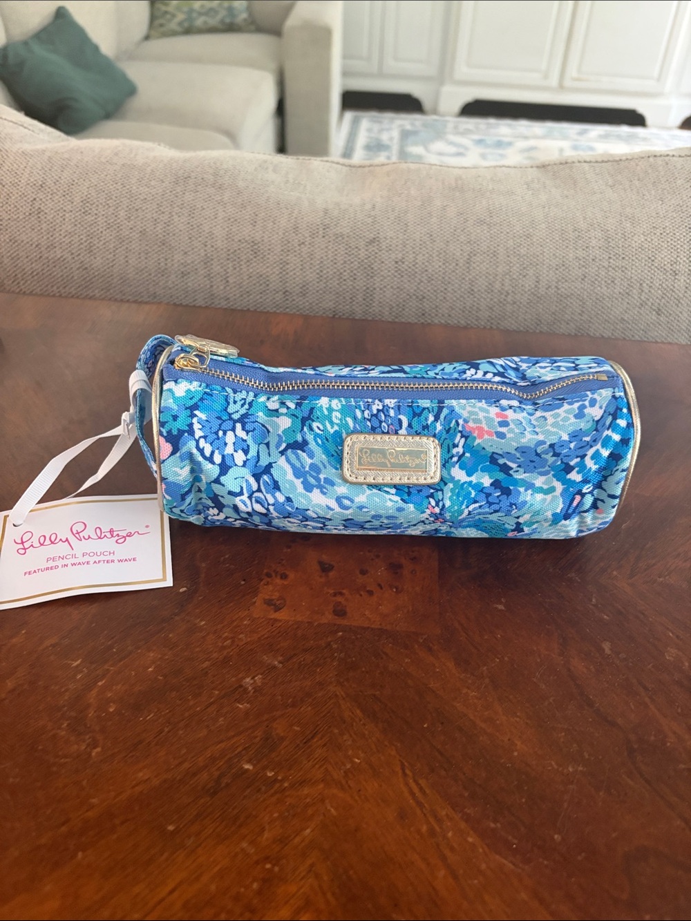 Lilly Pulitzer Blue Multi Floral Pencil Pouch with Gold Plaque